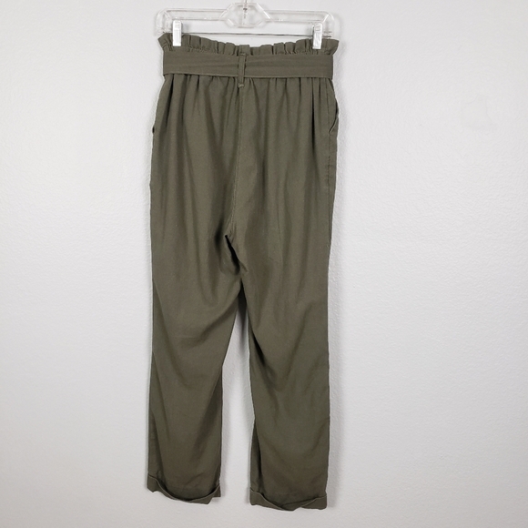Linen Blend Cropped Paperbag Waist Olive Green Pants Sz M Goblincore Gremlincore - Picture 5 of 7